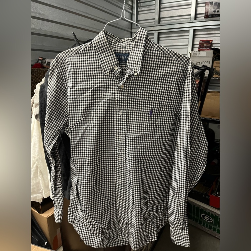 Polo mens long sleeve button down in black & white